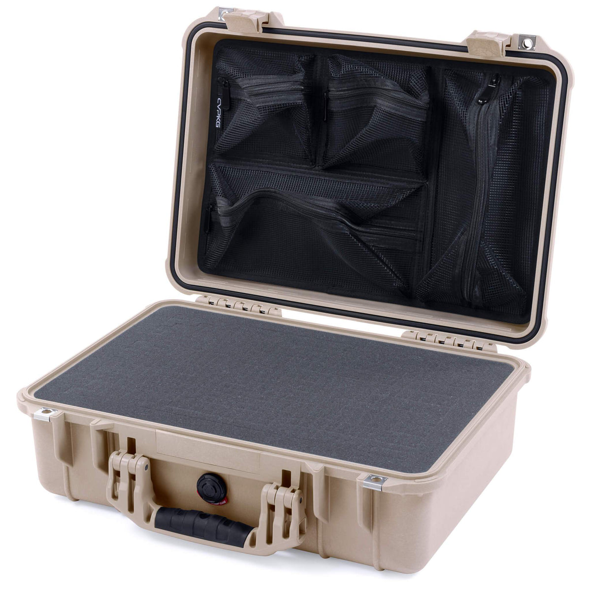 Pelican 1500 Case, Desert Tan Pick &amp; Pluck Foam with Mesh Lid Organizer ColorCase 015000-0101-310-310