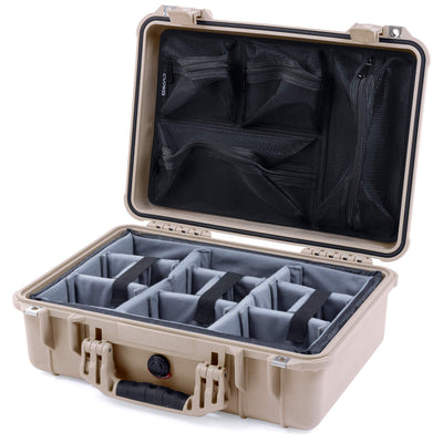 Pelican 1500 Case, Desert Tan Gray Padded Microfiber Dividers with Mesh Lid Organizer ColorCase 015000-0170-310-310