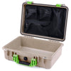 Pelican 1500 Case, Desert Tan with Lime Green Handle & Latches Mesh Lid Organizer Only ColorCase 015000-0100-310-300