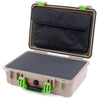 Pelican 1500 Case, Desert Tan with Lime Green Handle & Latches Pick & Pluck Foam with Computer Pouch ColorCase 015000-0201-310-300