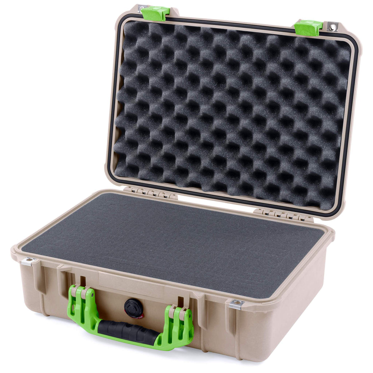 Pelican 1500 Case, Desert Tan with Lime Green Handle &amp; Latches Pick &amp; Pluck Foam with Convolute Lid Foam ColorCase 015000-0001-310-300