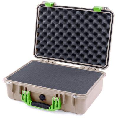 Pelican 1500 Case, Desert Tan with Lime Green Handle & Latches Pick & Pluck Foam with Convolute Lid Foam ColorCase 015000-0001-310-300