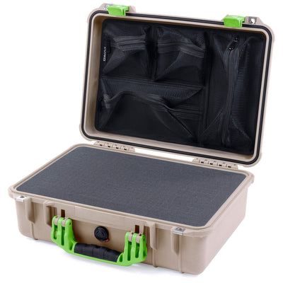 Pelican 1500 Case, Desert Tan with Lime Green Handle & Latches Pick & Pluck Foam with Mesh Lid Organizer ColorCase 015000-0101-310-300