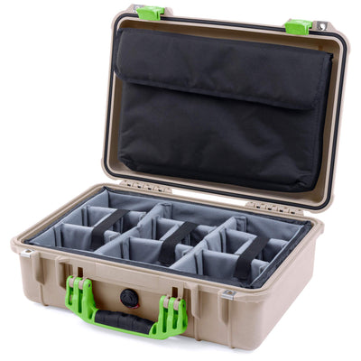 Pelican 1500 Case, Desert Tan with Lime Green Handle & Latches Gray Padded Microfiber Dividers with Computer Pouch ColorCase 015000-0270-310-300