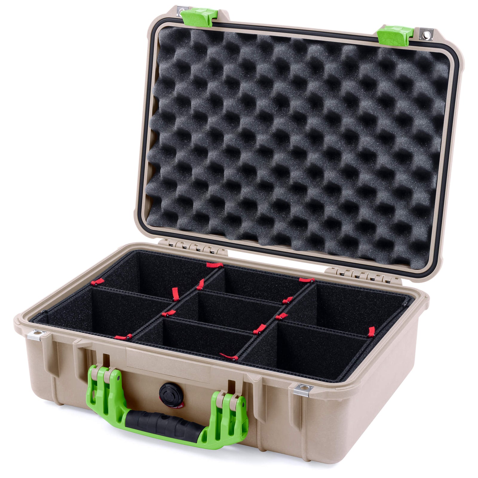 Pelican 1500 Case, Desert Tan with Lime Green Handle & Latches TrekPak Divider System with Convolute Lid Foam ColorCase 015000-0020-310-300