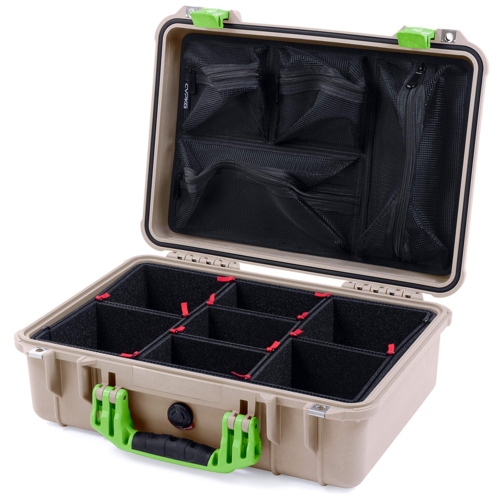 Pelican 1500 Case, Desert Tan with Lime Green Handle & Latches TrekPak Divider System with Mesh Lid Organizer ColorCase 015000-0120-310-300