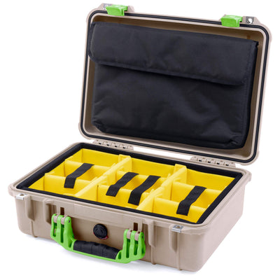 Pelican 1500 Case, Desert Tan with Lime Green Handle & Latches Yellow Padded Microfiber Dividers with Computer Pouch ColorCase 015000-0210-310-300