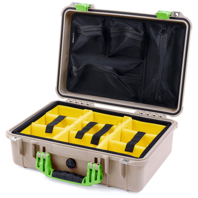 Pelican 1500 Case, Desert Tan with Lime Green Handle & Latches Yellow Padded Microfiber Dividers with Mesh Lid Organizer ColorCase 015000-0110-310-300