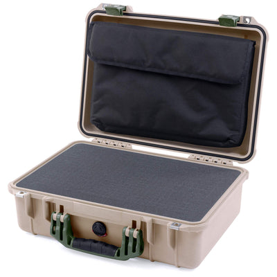 Pelican 1500 Case, Desert Tan with OD Green Handle & Latches Pick & Pluck Foam with Computer Pouch ColorCase 015000-0201-310-130