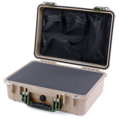 Pelican 1500 Case, Desert Tan with OD Green Handle & Latches Pick & Pluck Foam with Mesh Lid Organizer ColorCase 015000-0101-310-130