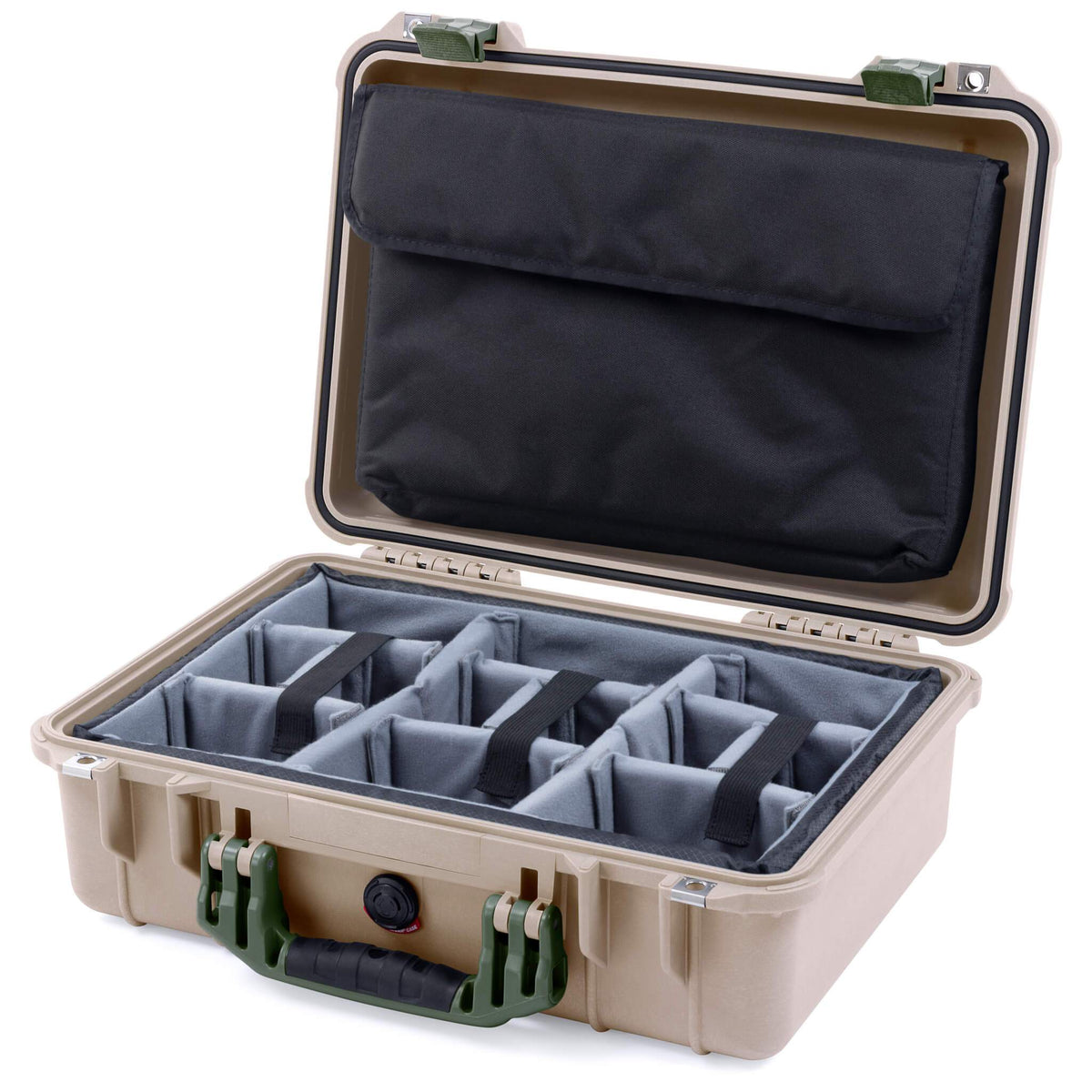 Pelican 1500 Case, Desert Tan with OD Green Handle &amp; Latches Gray Padded Microfiber Dividers with Computer Pouch ColorCase 015000-0270-310-130
