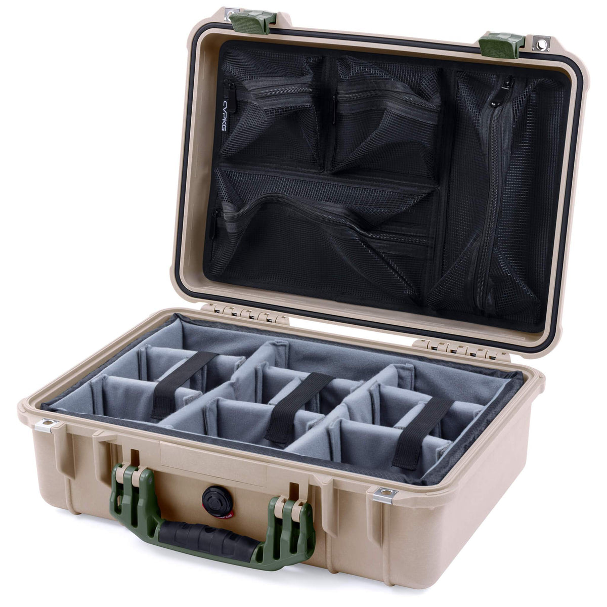 Pelican 1500 Case, Desert Tan with OD Green Handle &amp; Latches Gray Padded Microfiber Dividers with Mesh Lid Organizer ColorCase 015000-0170-310-130