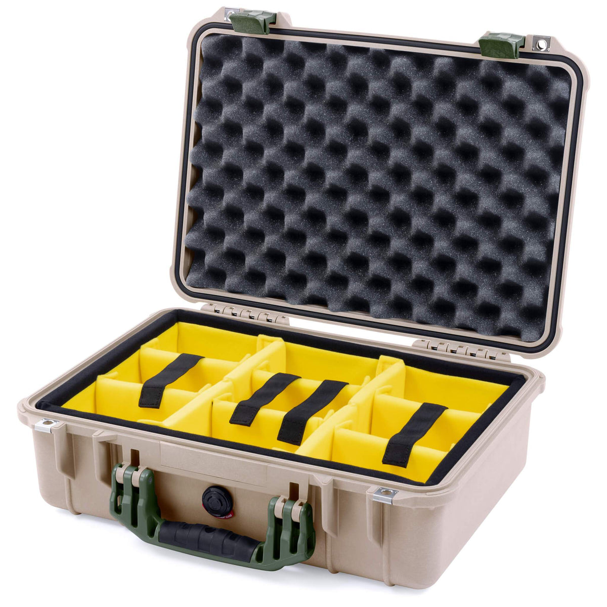 Pelican 1500 Case, Desert Tan with OD Green Handle &amp; Latches Yellow Padded Microfiber Dividers with Convolute Lid Foam ColorCase 015000-0010-310-130