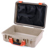 Pelican 1500 Case, Desert Tan with Orange Handle & Latches Mesh Lid Organizer Only ColorCase 015000-0100-310-150