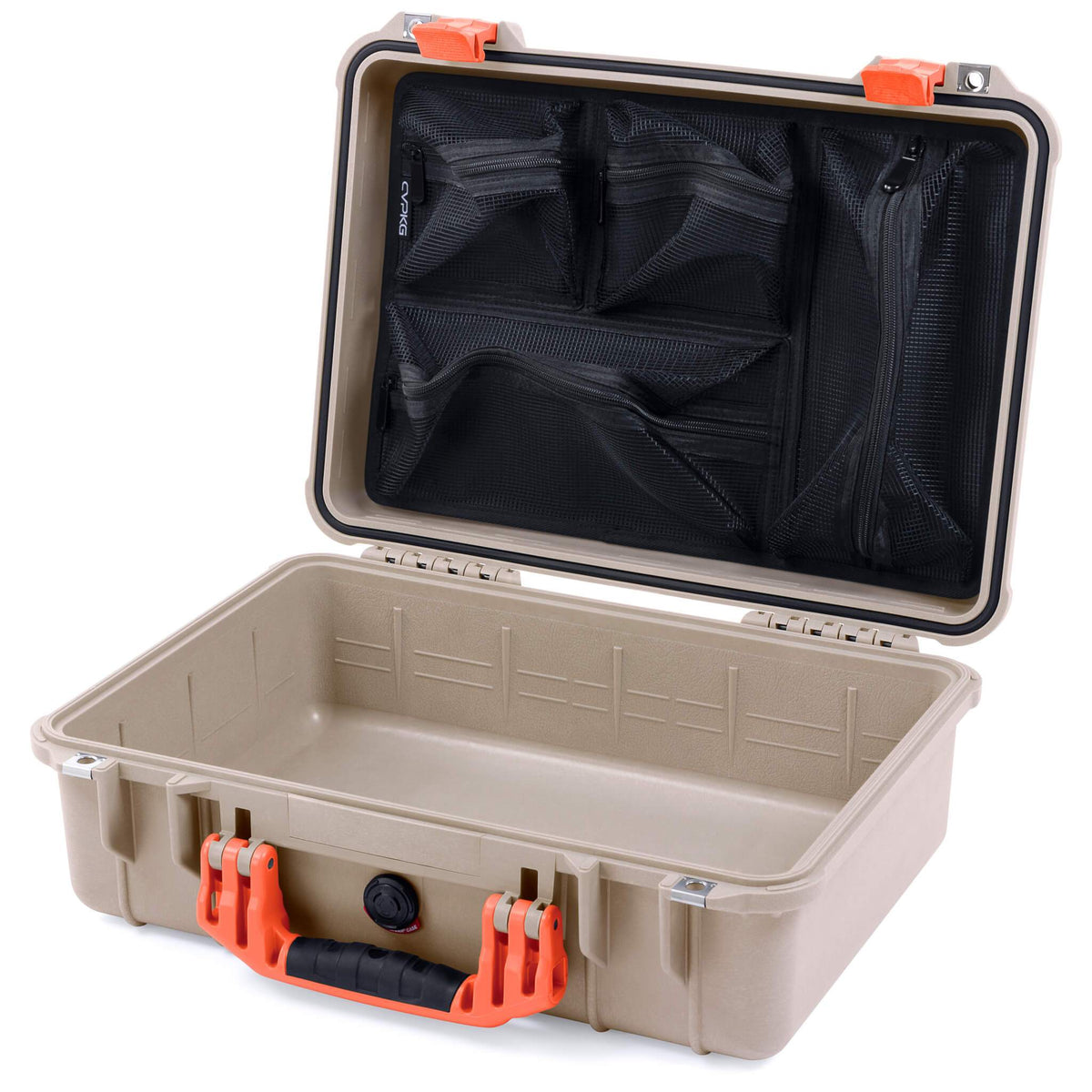 Pelican 1500 Case, Desert Tan with Orange Handle &amp; Latches Mesh Lid Organizer Only ColorCase 015000-0100-310-150