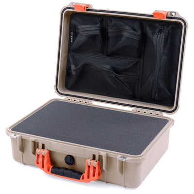 Pelican 1500 Case, Desert Tan with Orange Handle & Latches Pick & Pluck Foam with Mesh Lid Organizer ColorCase 015000-0101-310-150