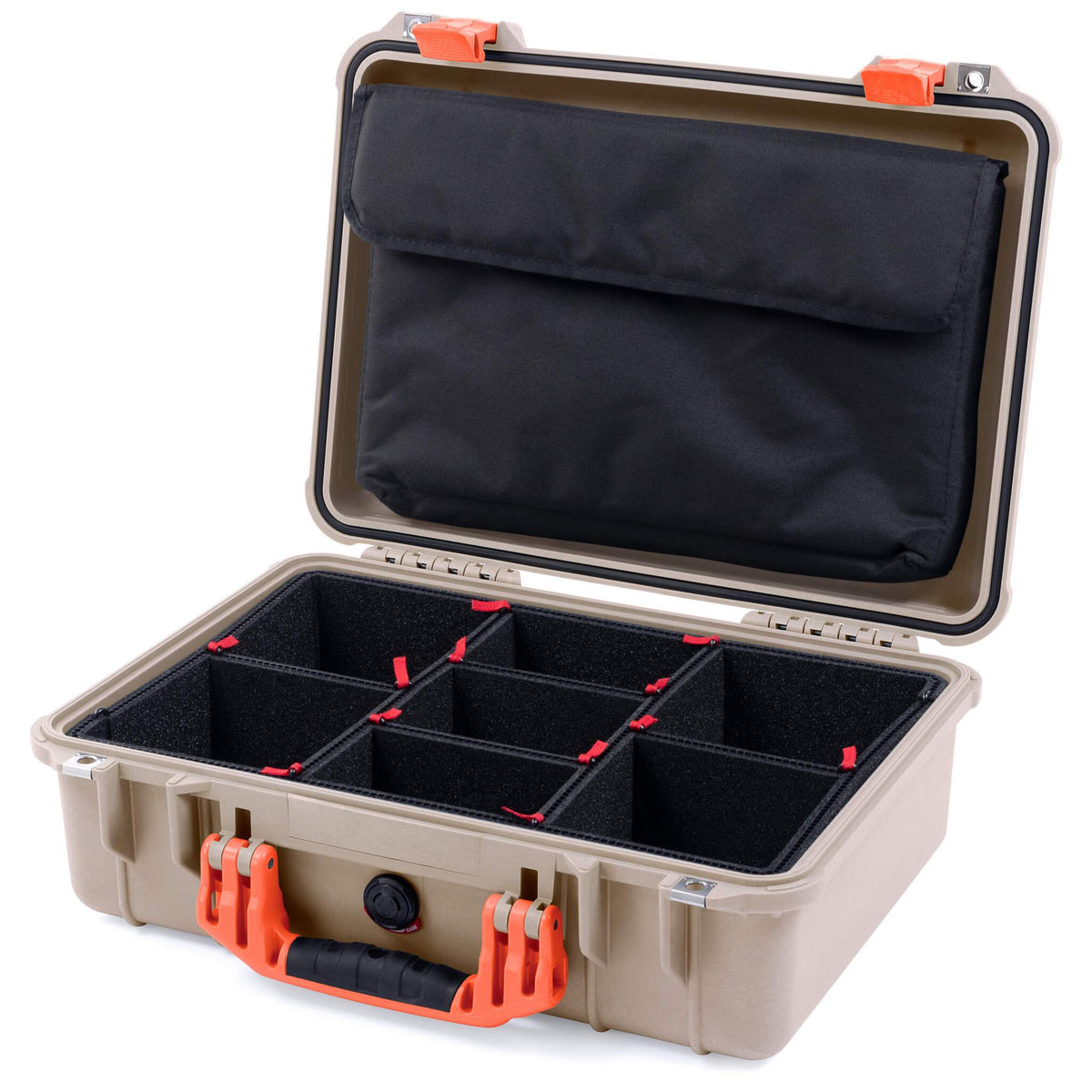 Pelican 1500 Case, Desert Tan with Orange Handle &amp; Latches TrekPak Divider System with Computer Pouch ColorCase 015000-0220-310-150