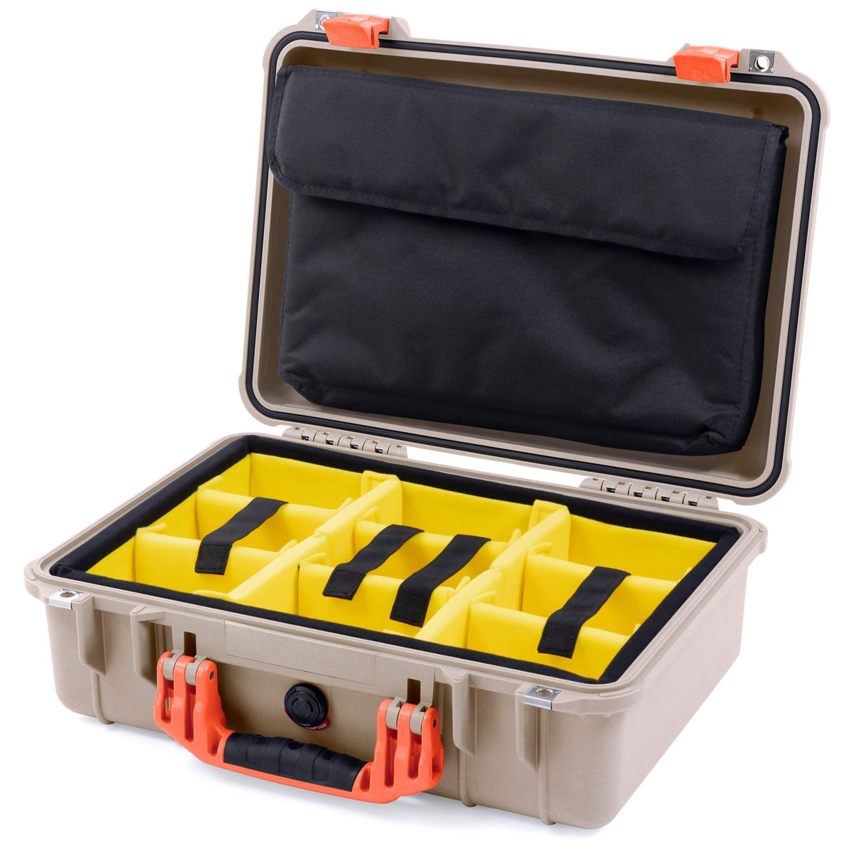 Pelican 1500 Case, Desert Tan with Orange Handle &amp; Latches Yellow Padded Microfiber Dividers with Computer Pouch ColorCase 015000-0210-310-150