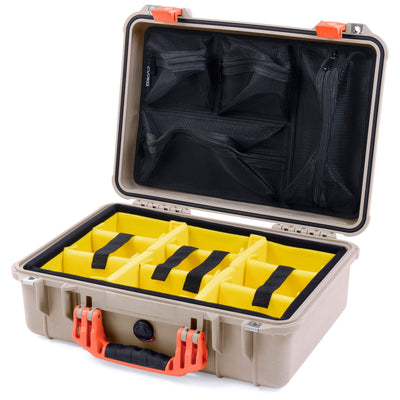 Pelican 1500 Case, Desert Tan with Orange Handle & Latches Yellow Padded Microfiber Dividers with Mesh Lid Organizer ColorCase 015000-0110-310-150