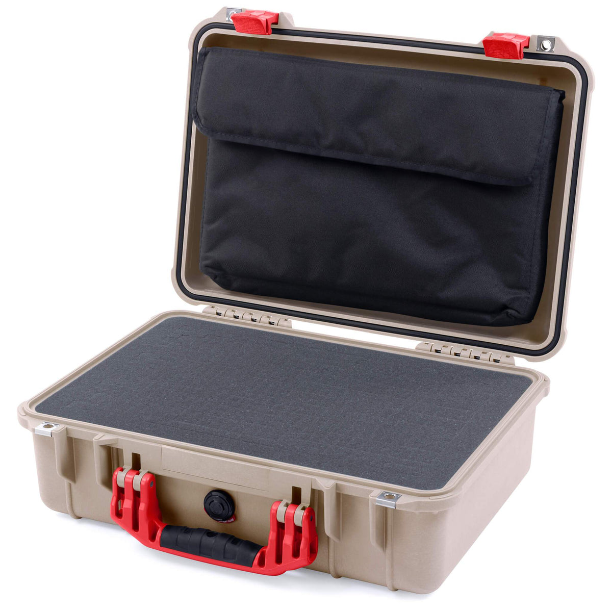 Pelican 1500 Case, Desert Tan with Red Handle &amp; Latches Pick &amp; Pluck Foam with Computer Pouch ColorCase 015000-0201-310-320