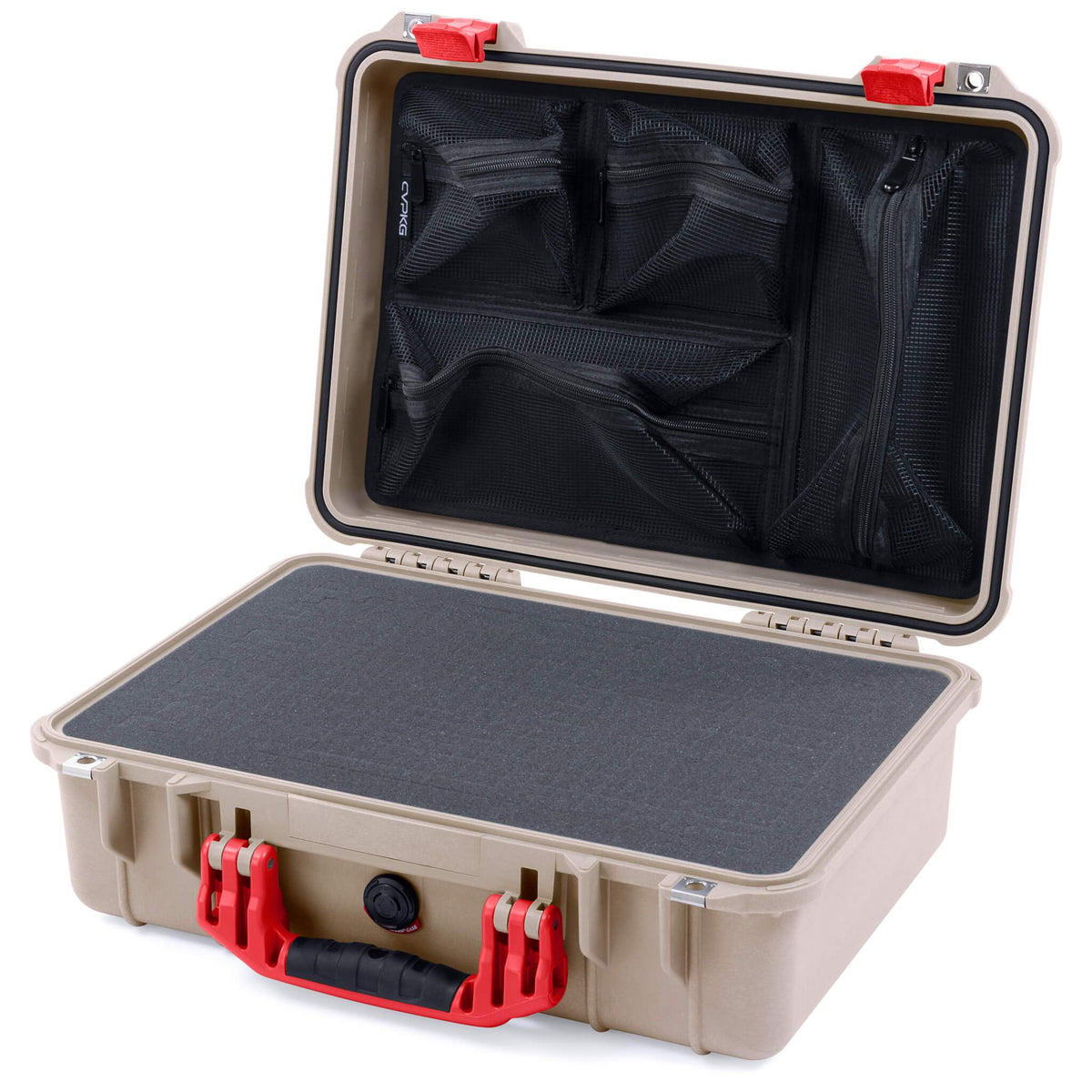 Pelican 1500 Case, Desert Tan with Red Handle &amp; Latches Pick &amp; Pluck Foam with Mesh Lid Organizer ColorCase 015000-0101-310-320