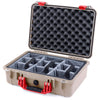 Pelican 1500 Case, Desert Tan with Red Handle & Latches Gray Padded Microfiber Dividers with Convolute Lid Foam ColorCase 015000-0070-310-320