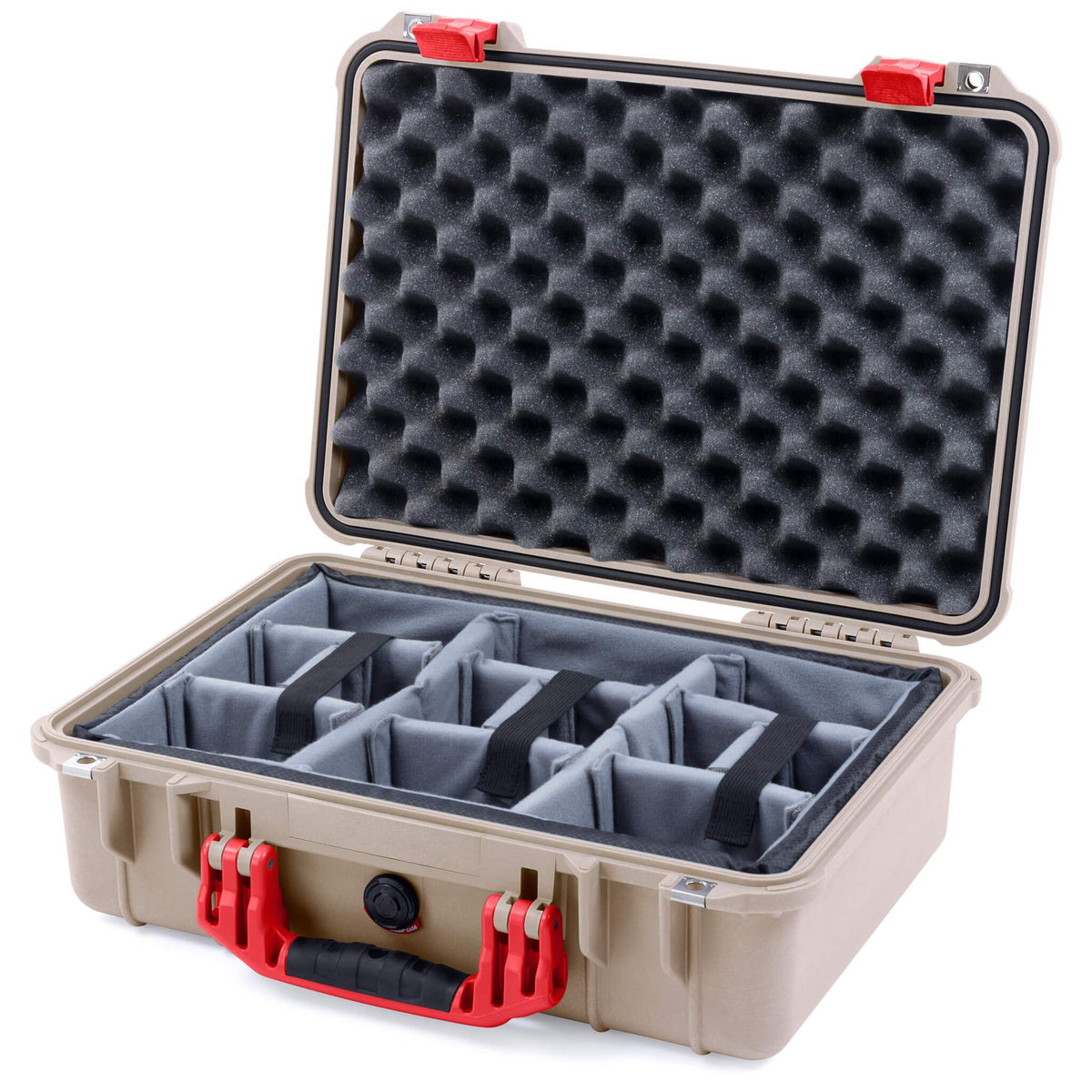 Pelican 1500 Case, Desert Tan with Red Handle &amp; Latches Gray Padded Microfiber Dividers with Convolute Lid Foam ColorCase 015000-0070-310-320