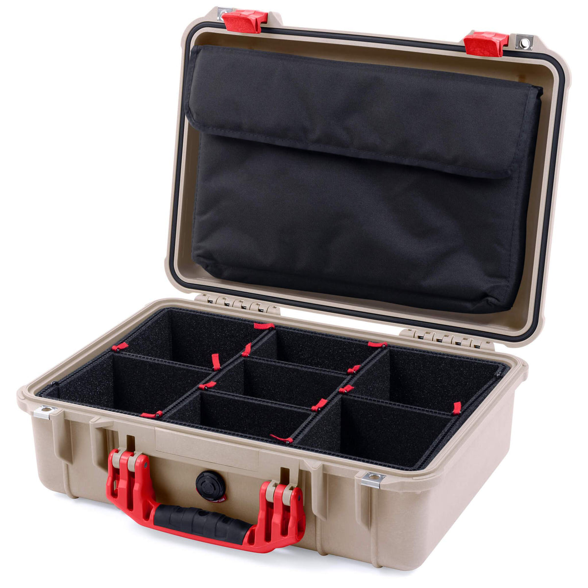 Pelican 1500 Case, Desert Tan with Red Handle &amp; Latches TrekPak Divider System with Computer Pouch ColorCase 015000-0220-310-320