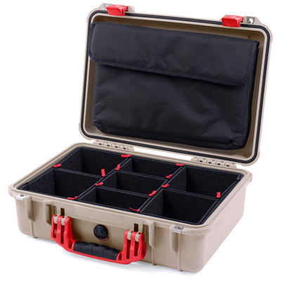 Pelican 1500 Case, Desert Tan with Red Handle & Latches TrekPak Divider System with Computer Pouch ColorCase 015000-0220-310-320