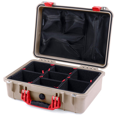 Pelican 1500 Case, Desert Tan with Red Handle & Latches TrekPak Divider System with Mesh Lid Organizer ColorCase 015000-0120-310-320