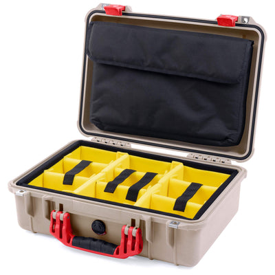 Pelican 1500 Case, Desert Tan with Red Handle & Latches Yellow Padded Microfiber Dividers with Computer Pouch ColorCase 015000-0210-310-320