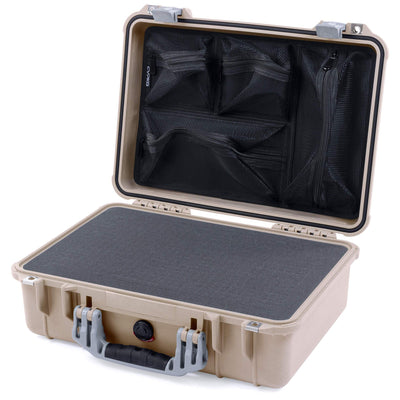 Pelican 1500 Case, Desert Tan with Silver Handle & Latches Pick & Pluck Foam with Mesh Lid Organizer ColorCase 015000-0101-310-180
