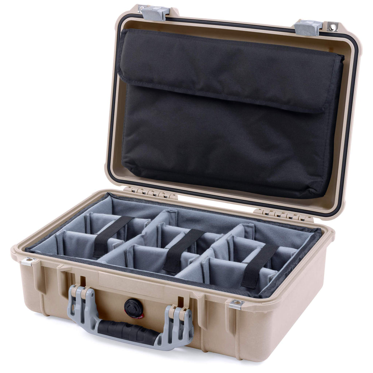 Pelican 1500 Case, Desert Tan with Silver Handle &amp; Latches Gray Padded Microfiber Dividers with Computer Pouch ColorCase 015000-0270-310-180
