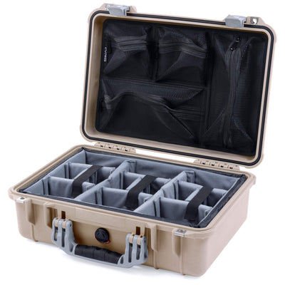 Pelican 1500 Case, Desert Tan with Silver Handle & Latches Gray Padded Microfiber Dividers with Mesh Lid Organizer ColorCase 015000-0170-310-180
