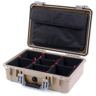 Pelican 1500 Case, Desert Tan with Silver Handle & Latches TrekPak Divider System with Computer Pouch ColorCase 015000-0220-310-180