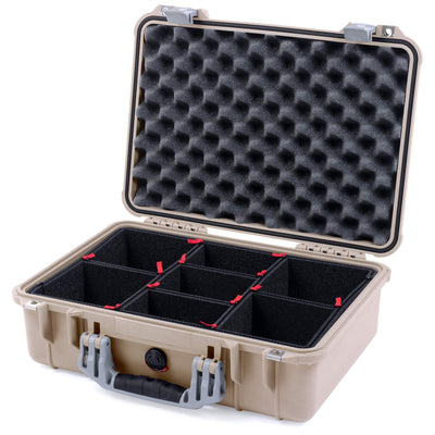 Pelican 1500 Case, Desert Tan with Silver Handle & Latches TrekPak Divider System with Convolute Lid Foam ColorCase 015000-0020-310-180