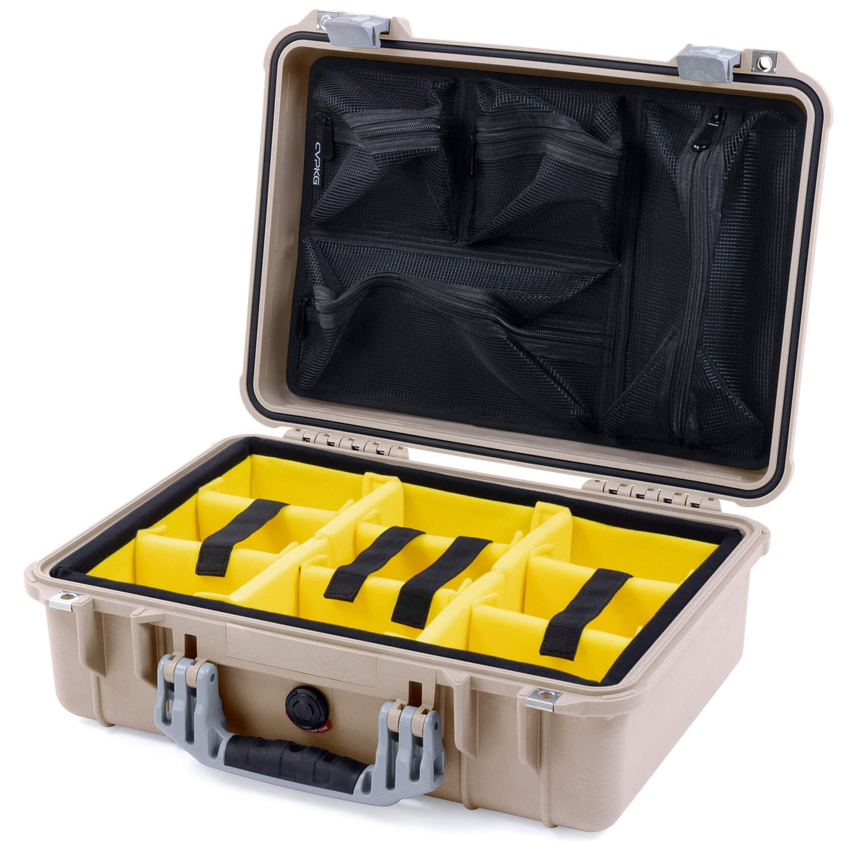 Pelican 1500 Case, Desert Tan with Silver Handle &amp; Latches Yellow Padded Microfiber Dividers with Mesh Lid Organizer ColorCase 015000-0110-310-180