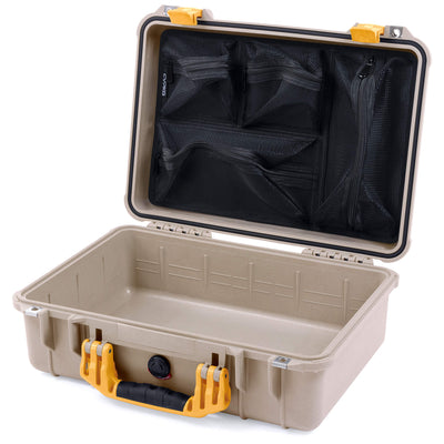 Pelican 1500 Case, Desert Tan with Yellow Handle & Latches Mesh Lid Organizer Only ColorCase 015000-0100-310-240