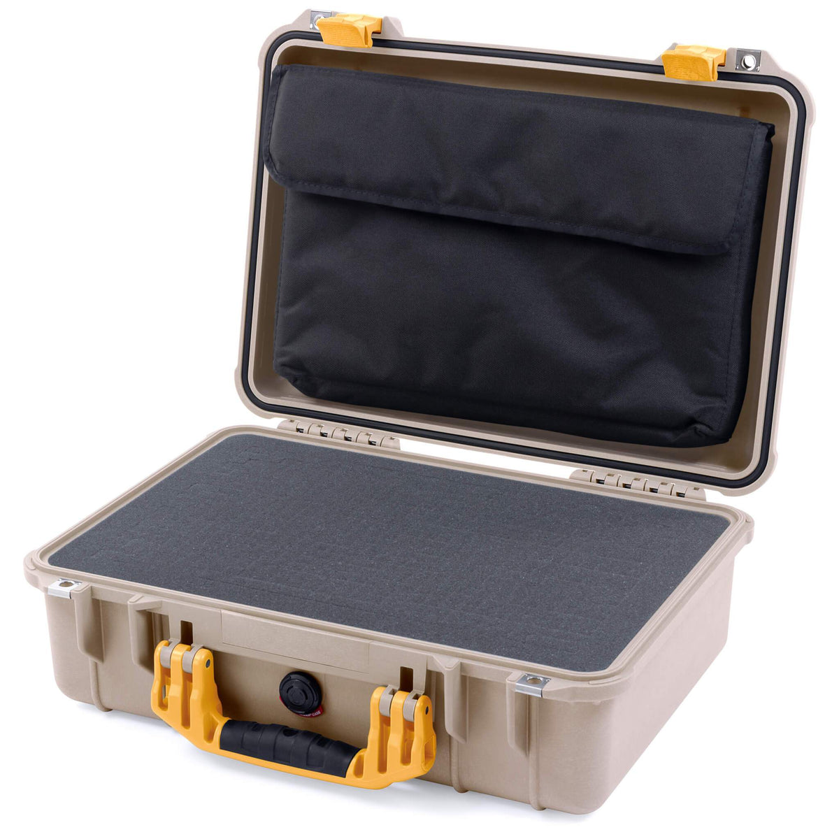 Pelican 1500 Case, Desert Tan with Yellow Handle &amp; Latches Pick &amp; Pluck Foam with Computer Pouch ColorCase 015000-0201-310-240