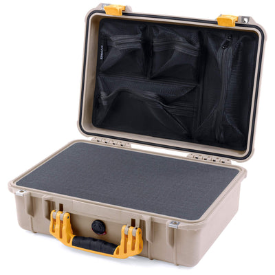Pelican 1500 Case, Desert Tan with Yellow Handle & Latches Pick & Pluck Foam with Mesh Lid Organizer ColorCase 015000-0101-310-240