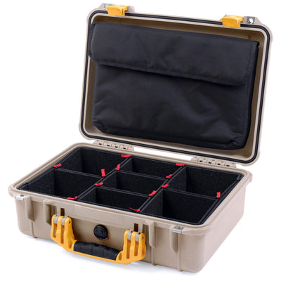 Pelican 1500 Case, Desert Tan with Yellow Handle & Latches TrekPak Divider System with Computer Pouch ColorCase 015000-0220-310-240