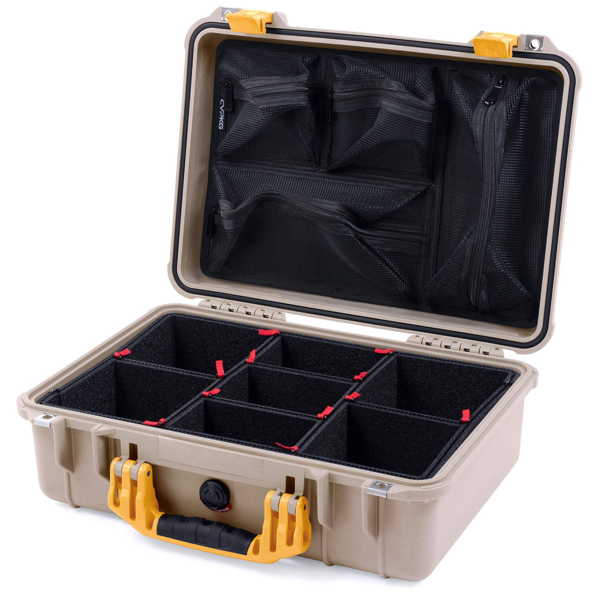 Pelican 1500 Case, Desert Tan with Yellow Handle &amp; Latches TrekPak Divider System with Mesh Lid Organizer ColorCase 015000-0120-310-240