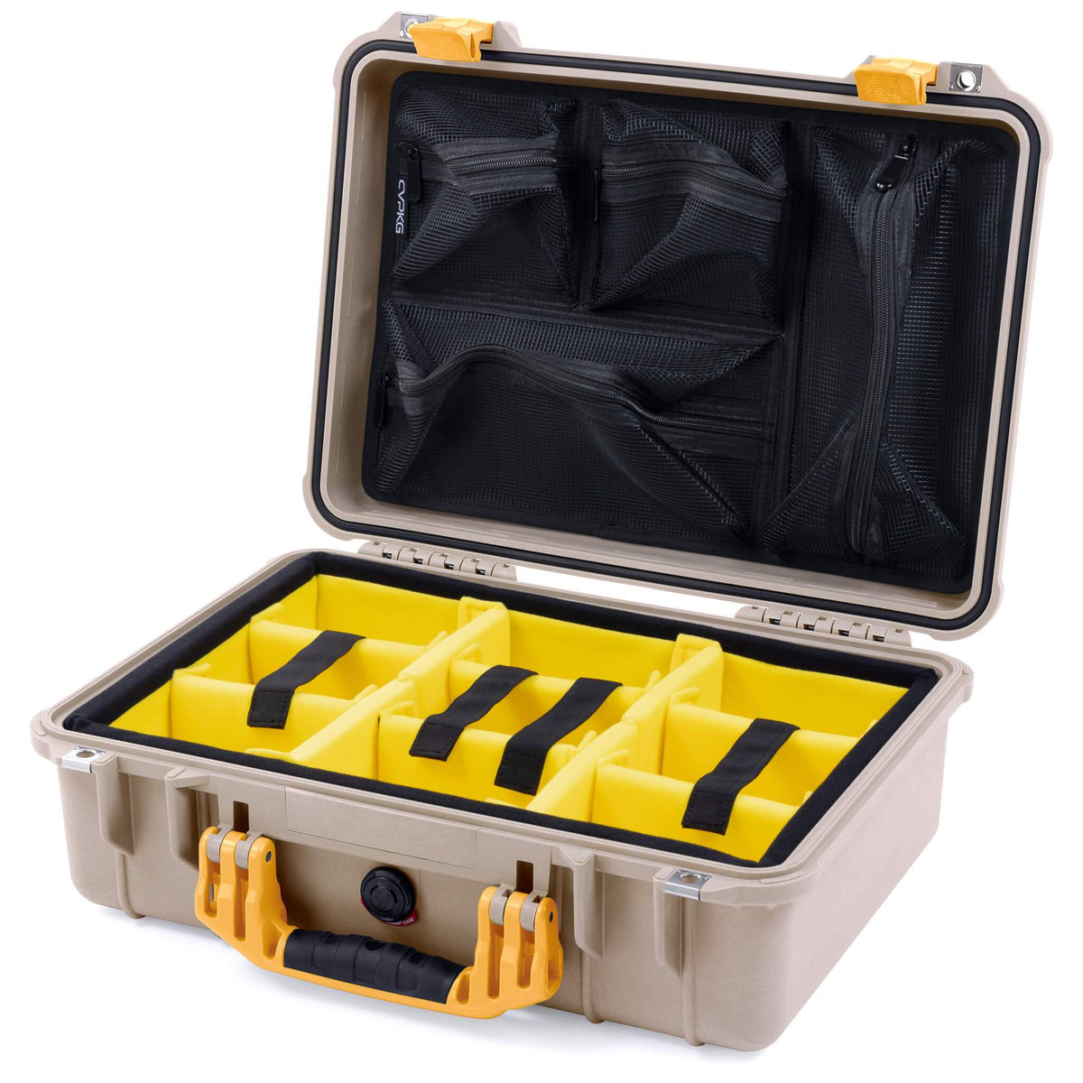 Pelican 1500 Case, Desert Tan with Yellow Handle &amp; Latches Yellow Padded Microfiber Dividers with Mesh Lid Organizer ColorCase 015000-0110-310-240