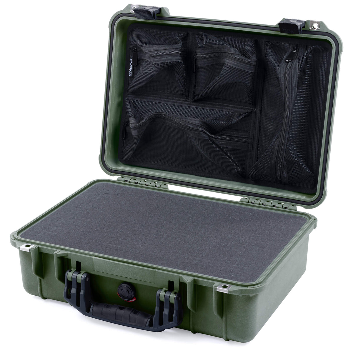Pelican 1500 Case, OD Green with Black Handle &amp; Latches Pick &amp; Pluck Foam with Mesh Lid Organizer ColorCase 015000-0101-130-110