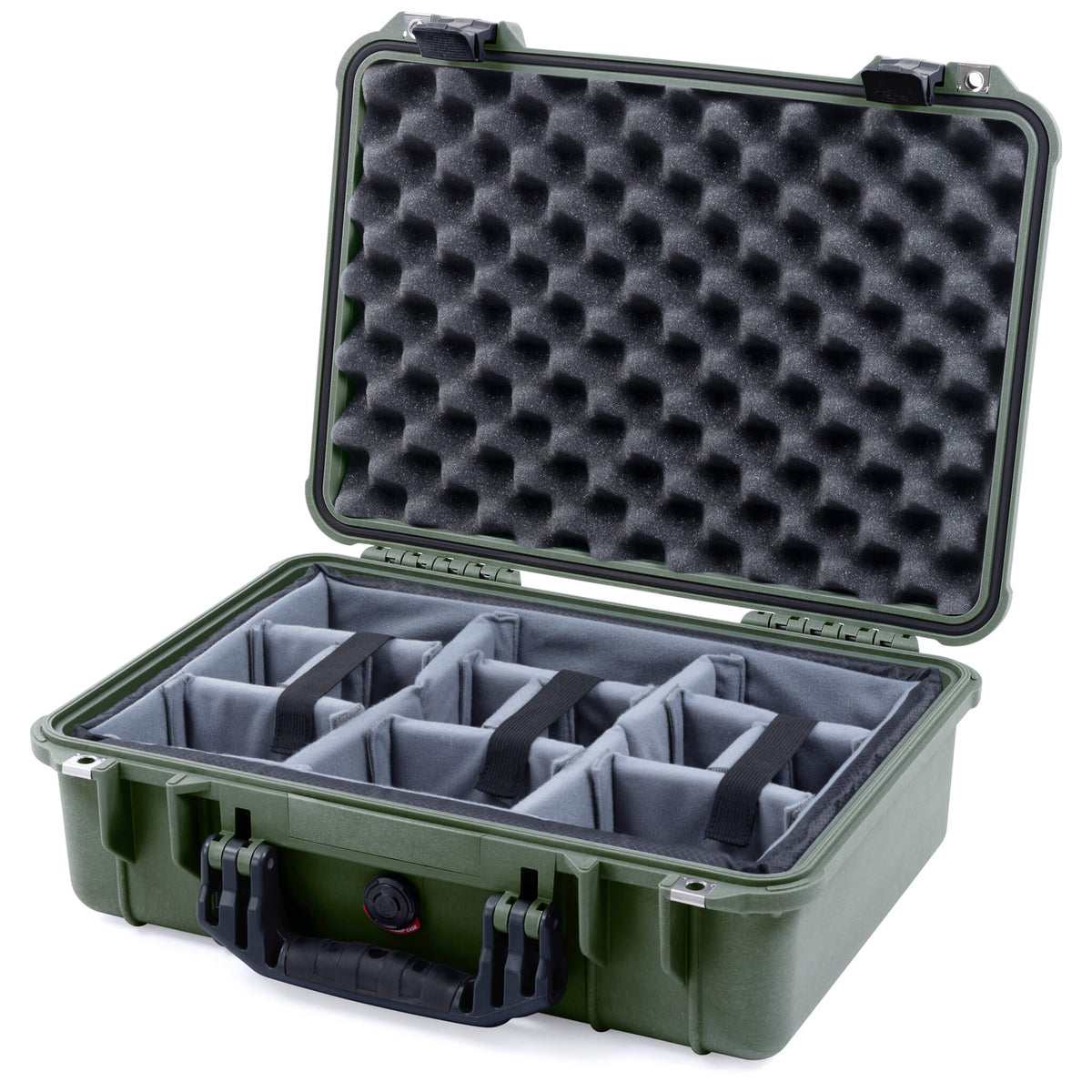 Pelican 1500 Case, OD Green with Black Handle &amp; Latches Gray Padded Microfiber Dividers with Convolute Lid Foam ColorCase 015000-0070-130-110