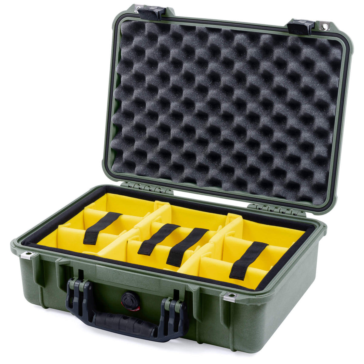 Pelican 1500 Case, OD Green with Black Handle &amp; Latches Yellow Padded Microfiber Dividers with Convolute Lid Foam ColorCase 015000-0010-130-110
