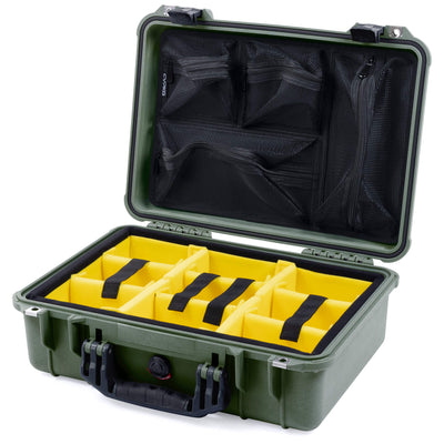 Pelican 1500 Case, OD Green with Black Handle & Latches Yellow Padded Microfiber Dividers with Mesh Lid Organizer ColorCase 015000-0110-130-110