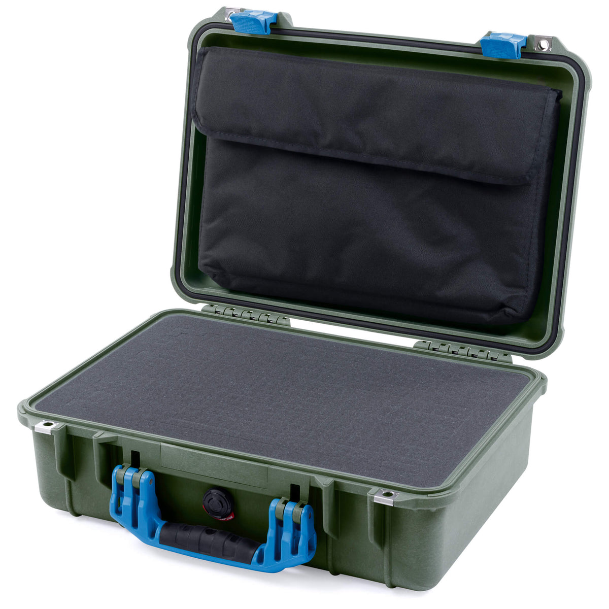 Pelican 1500 Case, OD Green with Blue Handle &amp; Latches Pick &amp; Pluck Foam with Computer Pouch ColorCase 015000-0201-130-120
