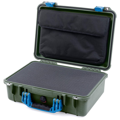 Pelican 1500 Case, OD Green with Blue Handle & Latches Pick & Pluck Foam with Computer Pouch ColorCase 015000-0201-130-120
