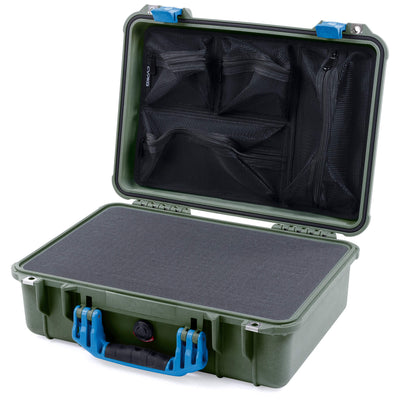 Pelican 1500 Case, OD Green with Blue Handle & Latches Pick & Pluck Foam with Mesh Lid Organizer ColorCase 015000-0101-130-120